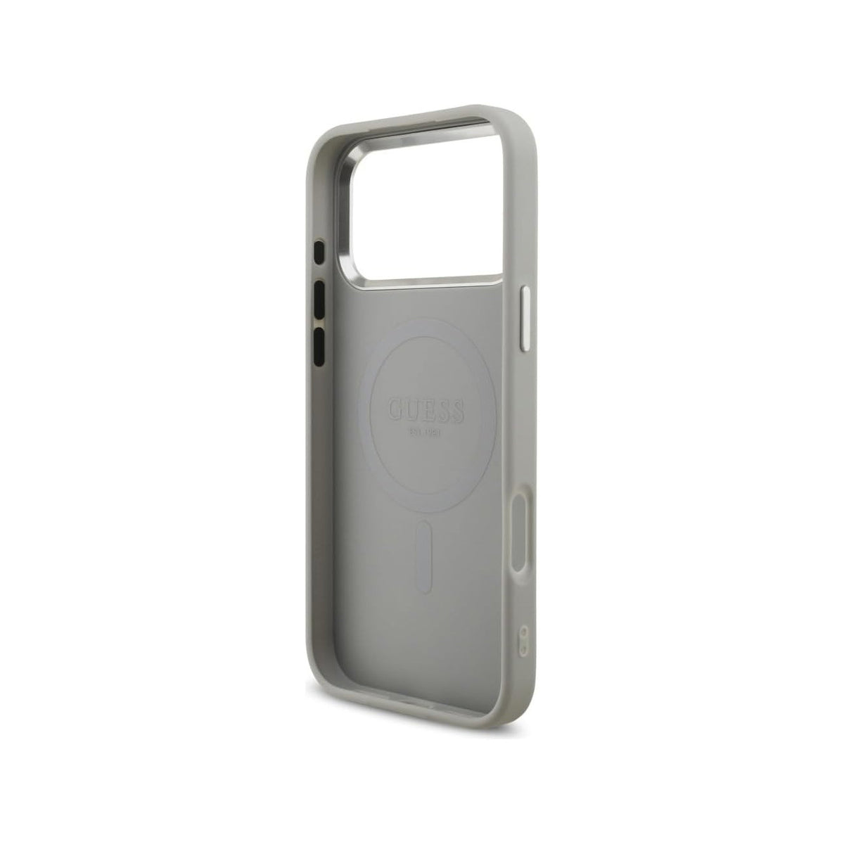 Guess Funda de Polipiel con Purpurina para iPhone 17 Pro Max/18 Pro Max Compatible con MagSafe y Protección Anticaídas, Plata