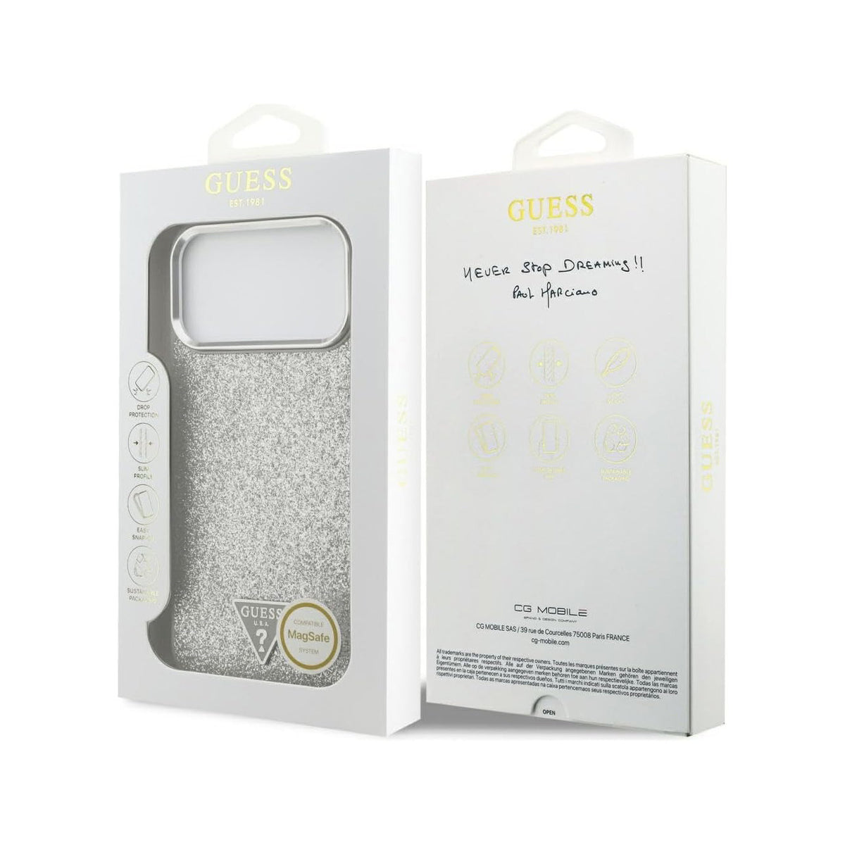 Guess Funda de Polipiel con Purpurina para iPhone 17 Pro Max/18 Pro Max Compatible con MagSafe y Protección Anticaídas, Plata