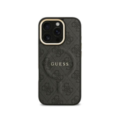 GUESS Funda de Polipiel Logo Clásico para iPhone 16 Pro Compatible con MagSafe y Protección Anticaídas, Negra