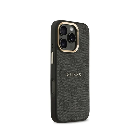 GUESS Funda de Polipiel Logo Clásico para iPhone 16 Pro Compatible con MagSafe y Protección Anticaídas, Negra