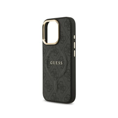 GUESS Funda de Polipiel Logo Clásico para iPhone 16 Pro Compatible con MagSafe y Protección Anticaídas, Negra