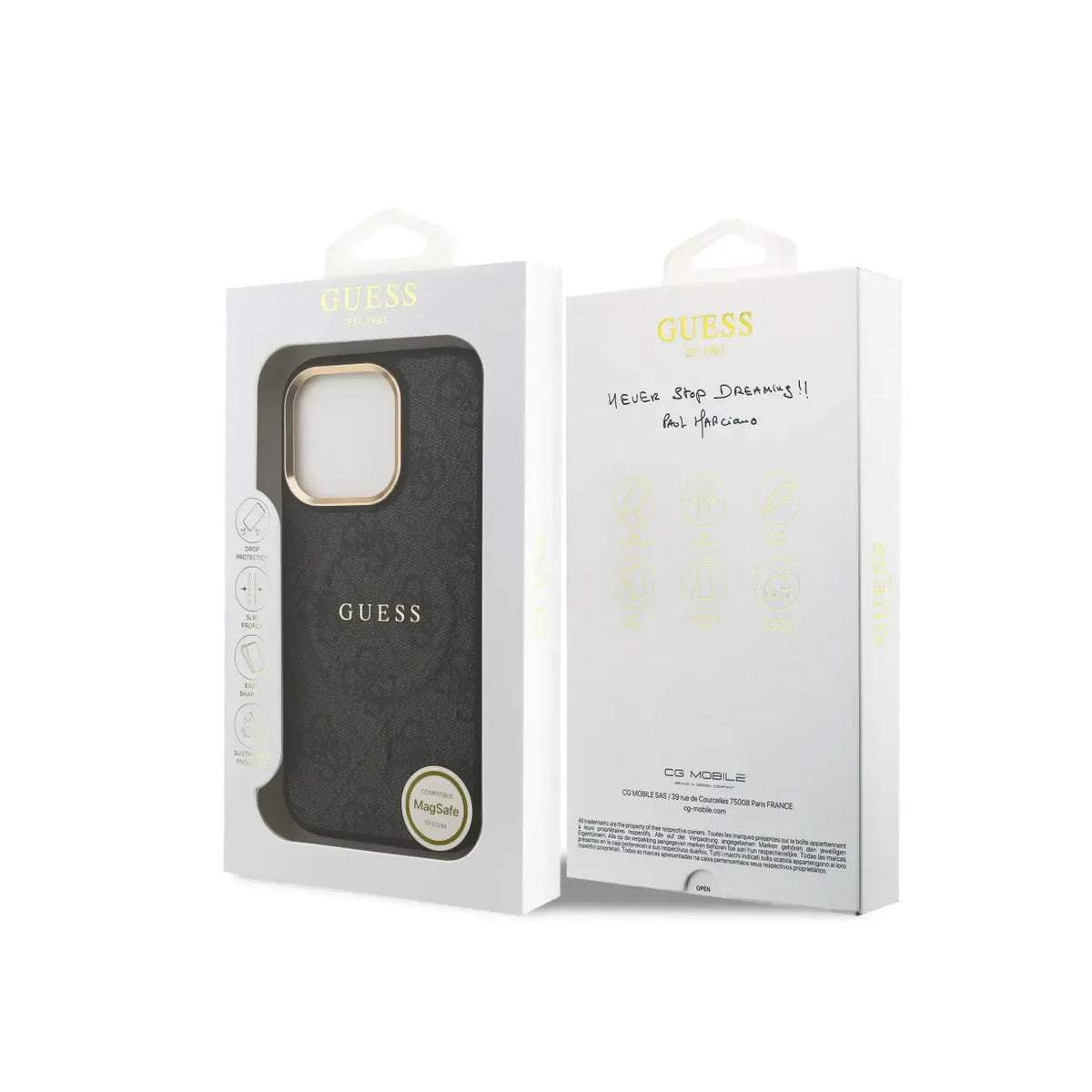 GUESS Funda de Polipiel Logo Clásico para iPhone 16 Pro Compatible con MagSafe y Protección Anticaídas, Negra