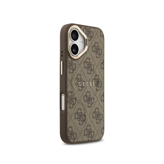 Guess Funda para iPhone 16 – Carcasa de Polipiel con MagSafe, Logo 4G Clásico Marrón, Protección Anticaídas y Ajuste Preciso