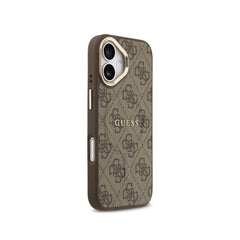 Guess Funda para iPhone 16 – Carcasa de Polipiel con MagSafe, Logo 4G Clásico Marrón, Protección Anticaídas y Ajuste Preciso