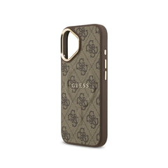 Guess Funda para iPhone 16 – Carcasa de Polipiel con MagSafe, Logo 4G Clásico Marrón, Protección Anticaídas y Ajuste Preciso