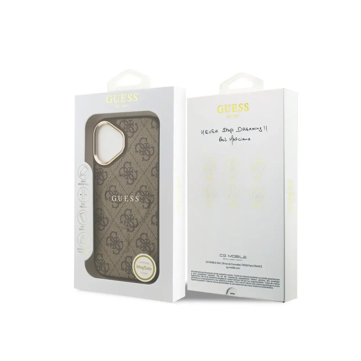Guess Funda de Polipiel Logo Clásico para iPhone 17 Compatible con MagSafe y Protección Anticaídas, Marrón