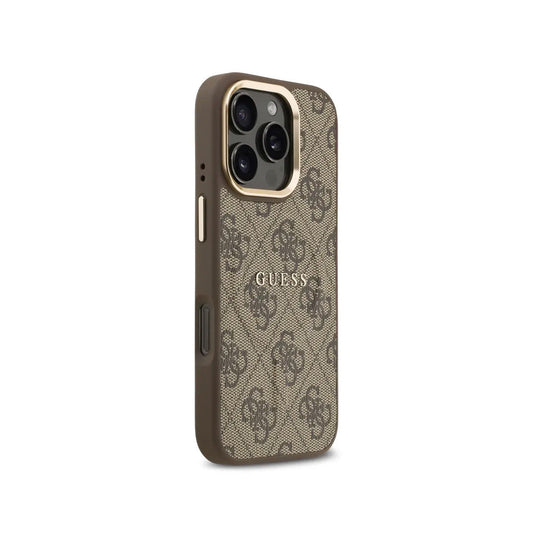 GUESS Funda de Polipiel Logo 4G Clásico para iPhone 16 Pro Compatible con MagSafe y Protección Anticaídas, Marrón