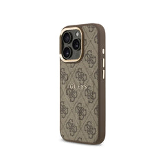 GUESS Funda de Polipiel Logo 4G Clásico para iPhone 16 Pro Compatible con MagSafe y Protección Anticaídas, Marrón