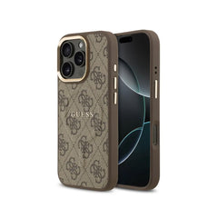 GUESS Funda de Polipiel Logo 4G Clásico para iPhone 16 Pro Compatible con MagSafe y Protección Anticaídas, Marrón