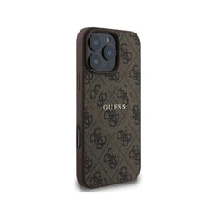 Guess Funda para iPhone 16 Pro Max – Carcasa de Polipiel Marrón Compatible con MagSafe con Logo Clásico Guess, Protección Anticaídas y Ajuste Preciso
