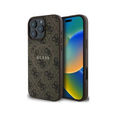 Guess Funda para iPhone 16 Pro Max – Carcasa de Polipiel Marrón Compatible con MagSafe con Logo Clásico Guess, Protección Anticaídas y Ajuste Preciso