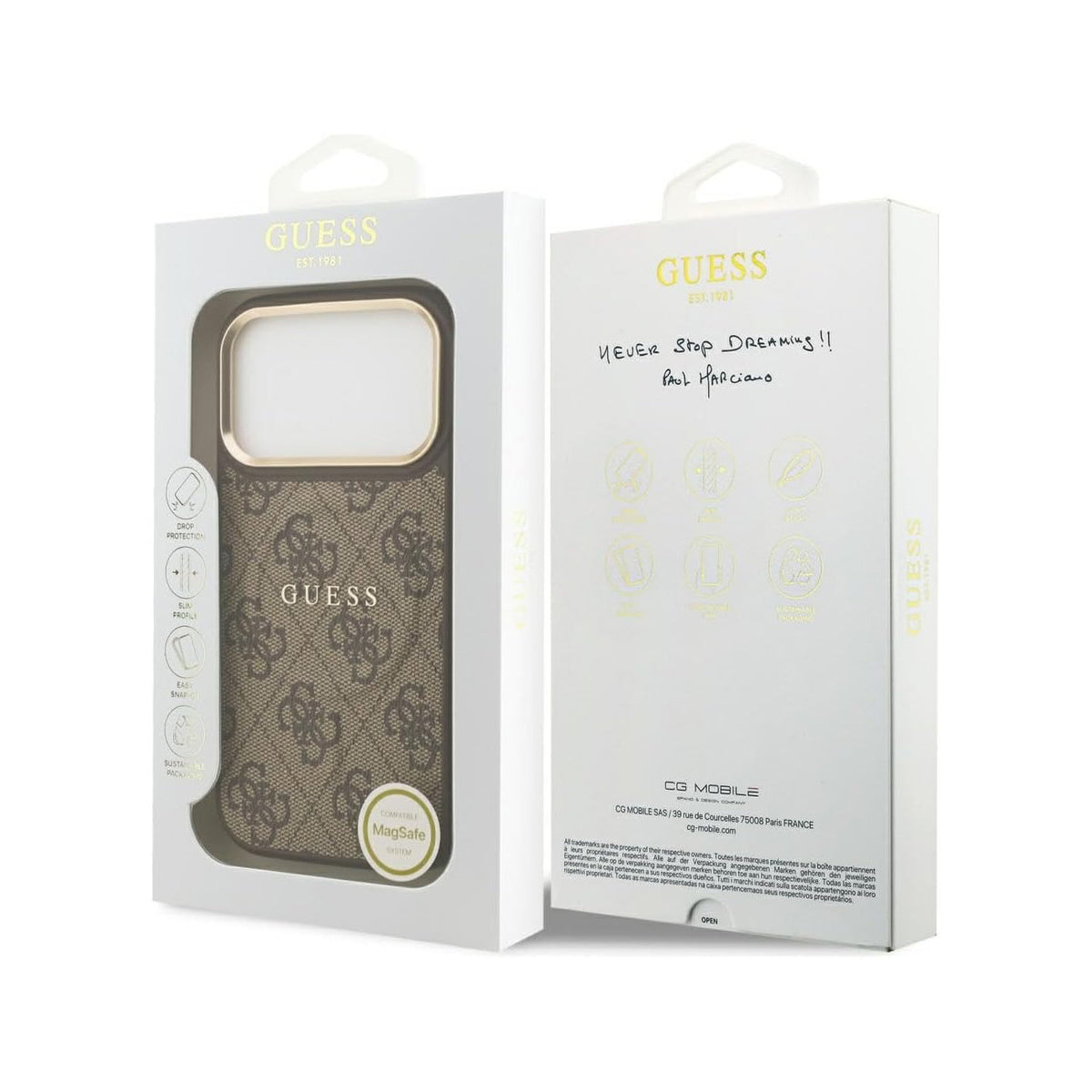 GUESS Funda de Polipiel con Logo Clásico para iPhone 17 Pro/18 Pro Compatible con MagSafe, Marrón