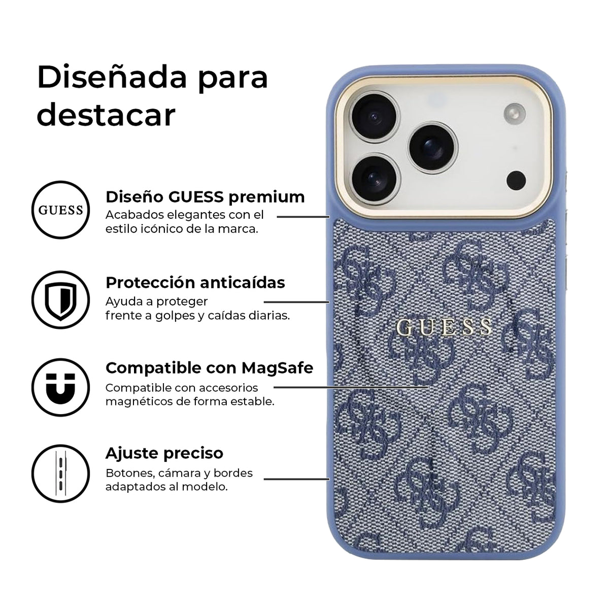 Guess iPhone 17 Pro Case – Blue Faux Leather Case Compatible with MagSafe with Classic Guess Logo, Drop Protection and Precise Fit