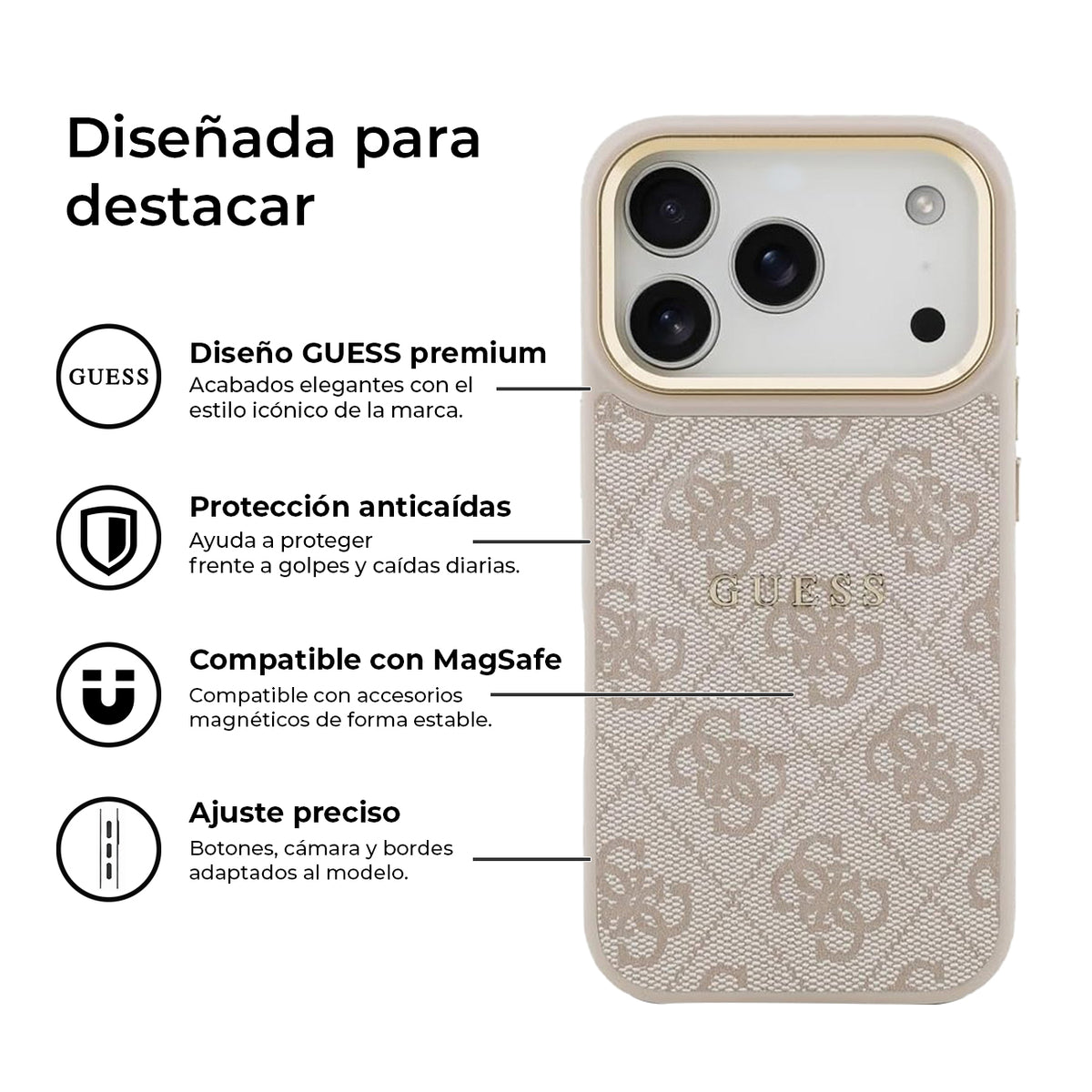 Guess iPhone 17 Pro Case – Pink Faux Leather MagSafe Compatible Case with Classic Guess Logo, Drop Protection and Precise Fit
