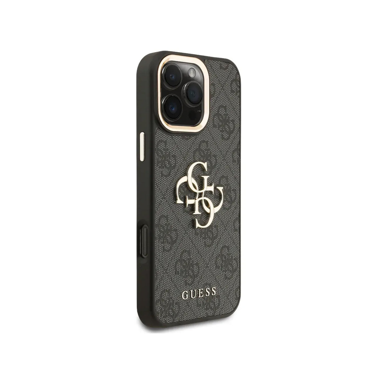 GUESS Funda de Polipiel Logo Clásico Dorado para iPhone 16 Pro Max con Protección Anticaídas, Negra