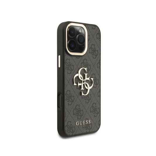 GUESS Funda para iPhone 16 Pro Max – Carcasa de Polipiel Negra con Logo Clásico Dorado, Diseño Elegante y Ajuste Preciso