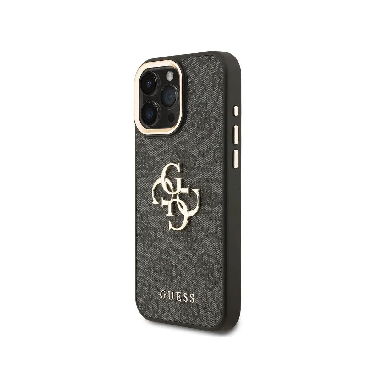 GUESS Funda de Polipiel Logo Clásico Dorado para iPhone 16 Pro Max con Protección Anticaídas, Negra