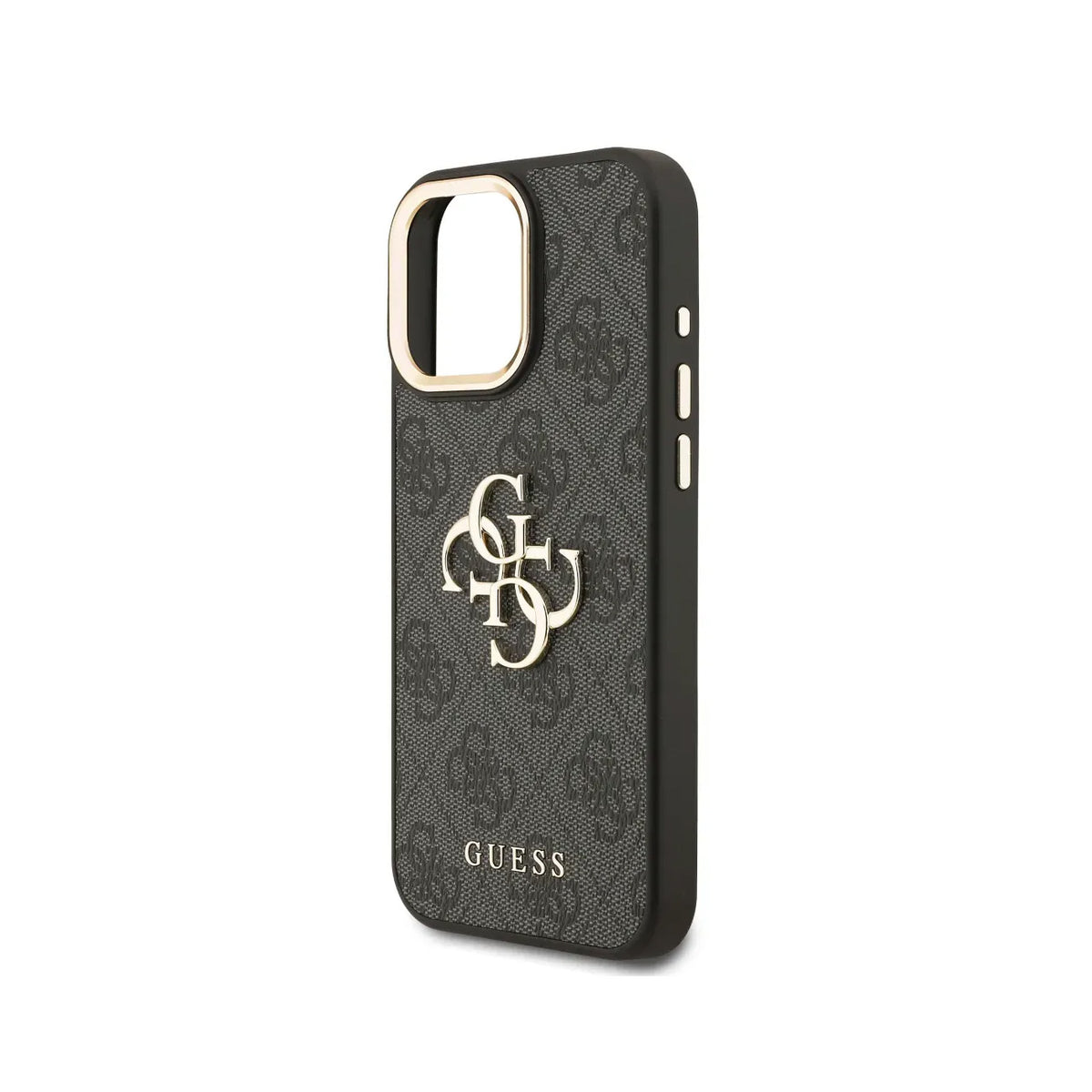 GUESS Funda de Polipiel Logo Clásico Dorado para iPhone 16 Pro Max con Protección Anticaídas, Negra