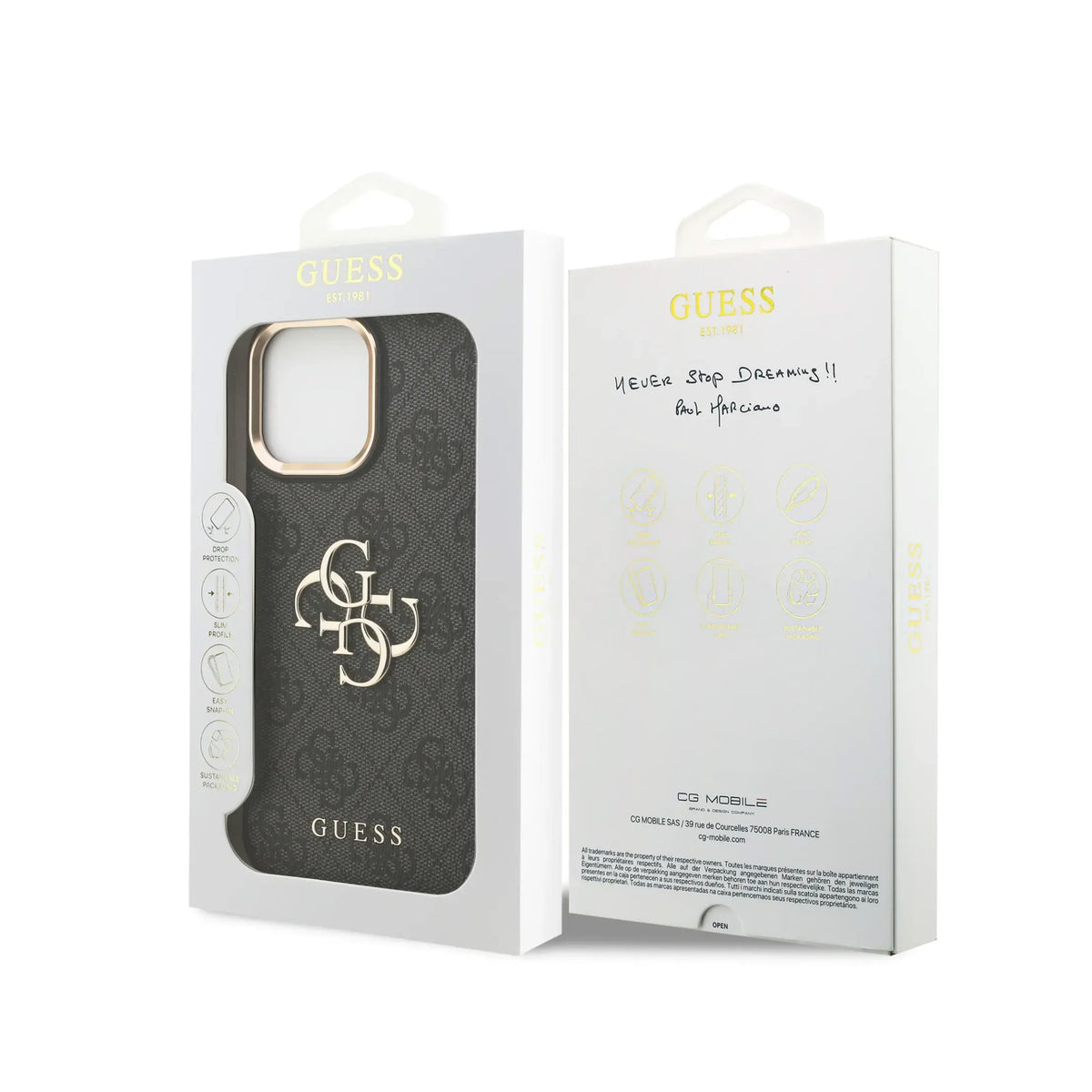GUESS Funda de Polipiel Logo Clásico Dorado para iPhone 16 Pro Max con Protección Anticaídas, Negra