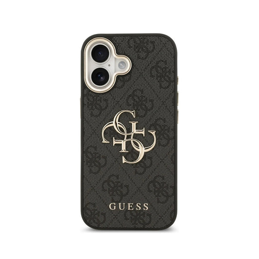 Guess Funda para iPhone 17 – Carcasa con Efecto Piel Negra y Gran Logotipo 4G Dorado, Protección Anticaídas y Ajuste Preciso