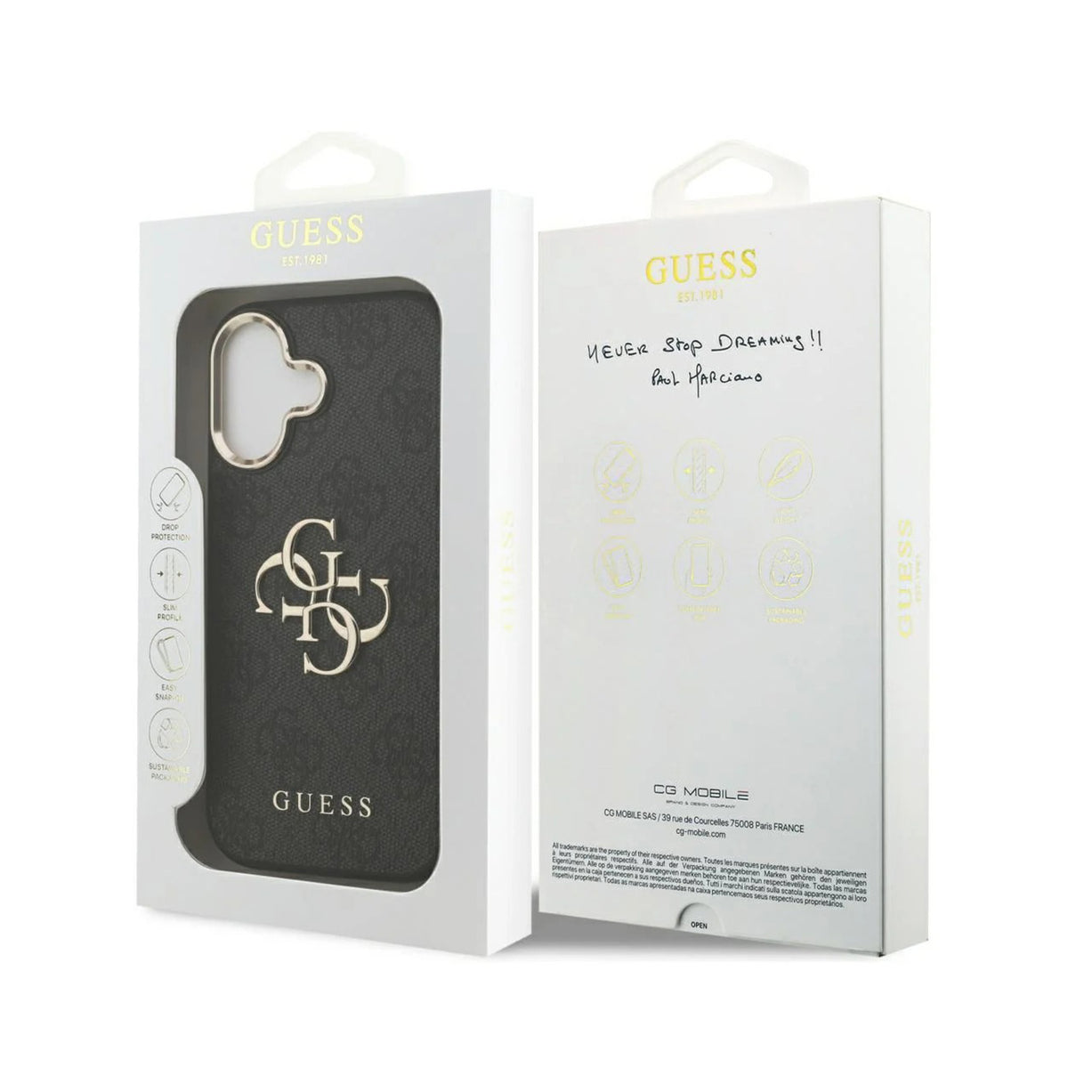 Guess Funda Efecto Piel Logo 4G Dorado para iPhone 17 con Protección Anticaídas, Negra