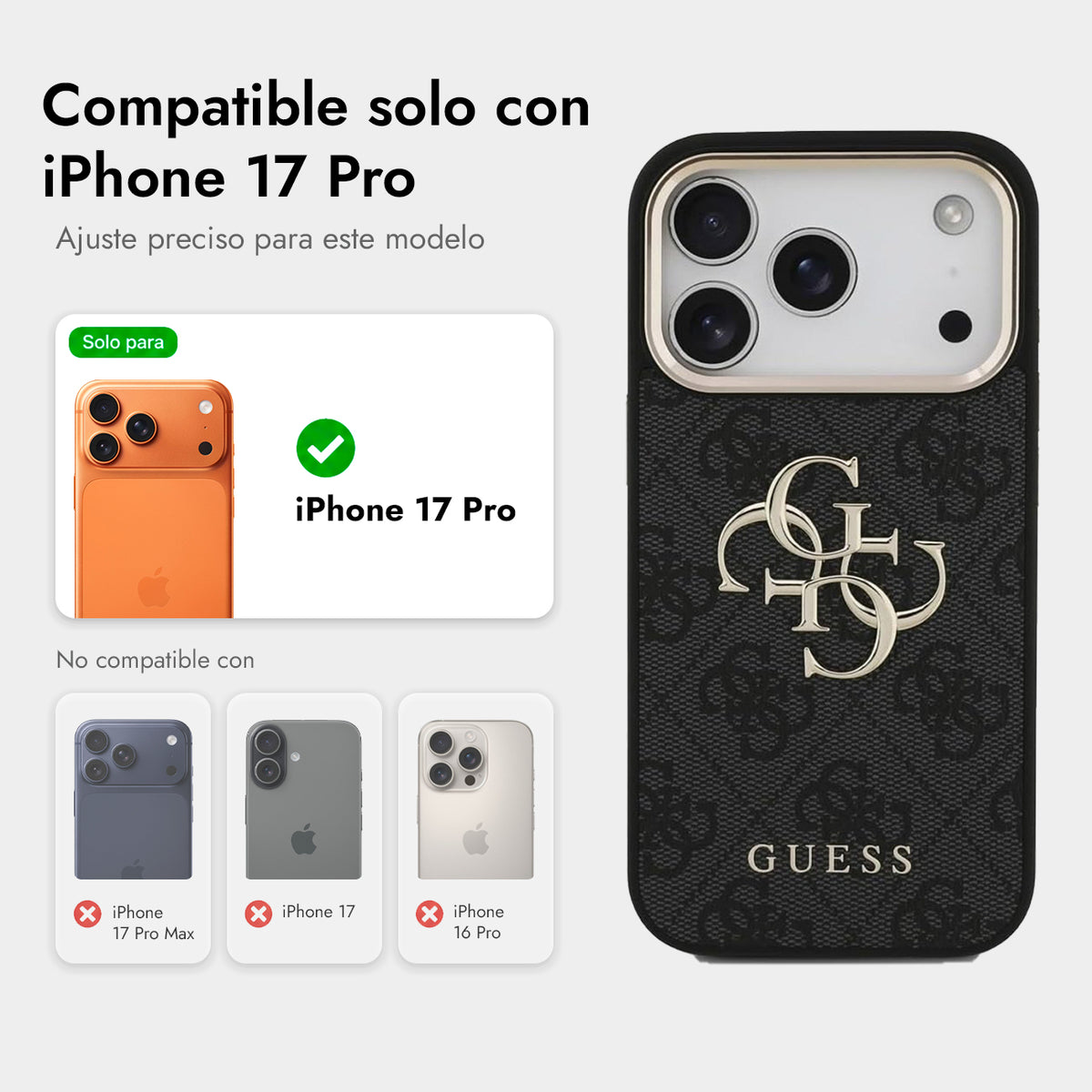 GUESS Funda de Polipiel con Logo 4G Dorado para iPhone 17 Pro/18 Pro, Negra