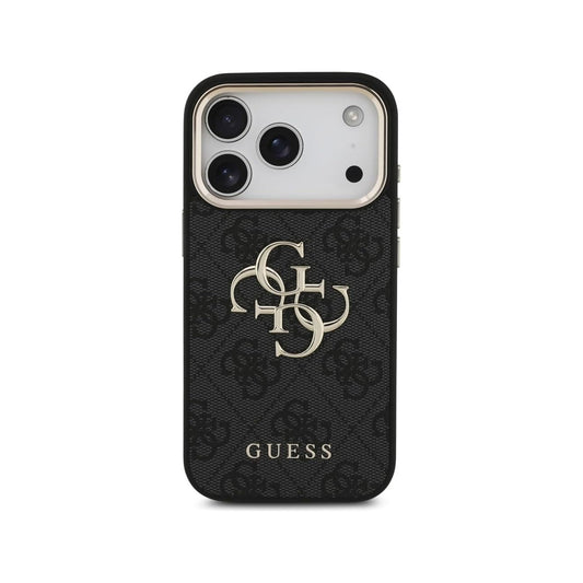 Guess Funda para iPhone 17 Pro – Carcasa de Polipiel Negra con Gran Logo Dorado 4G, Protección Anticaídas y Ajuste Preciso