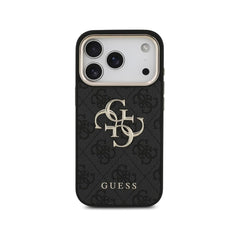 Guess Funda de Polipiel Gran Logo 4G Dorado para iPhone 17 Pro con Protección Anticaídas, Negra