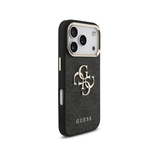 Guess Funda para iPhone 17 Pro – Carcasa de Polipiel Negra con Gran Logo Dorado 4G, Protección Anticaídas y Ajuste Preciso