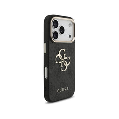 Guess Funda de Polipiel Gran Logo 4G Dorado para iPhone 17 Pro con Protección Anticaídas, Negra
