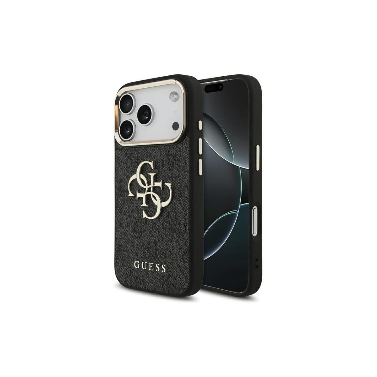 GUESS Funda de Polipiel con Logo 4G Dorado para iPhone 17 Pro/18 Pro, Negra