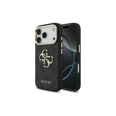 Guess Funda de Polipiel Gran Logo 4G Dorado para iPhone 17 Pro con Protección Anticaídas, Negra