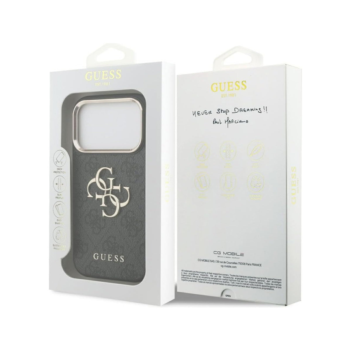 GUESS Funda de Polipiel con Logo 4G Dorado para iPhone 17 Pro/18 Pro, Negra