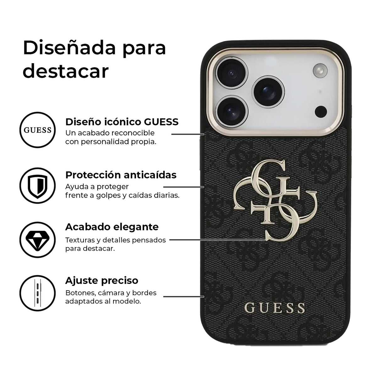 GUESS Funda de Polipiel con Logo 4G Dorado para iPhone 17 Pro/18 Pro, Negra