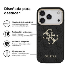 Guess Funda de Polipiel Gran Logo 4G Dorado para iPhone 17 Pro con Protección Anticaídas, Negra
