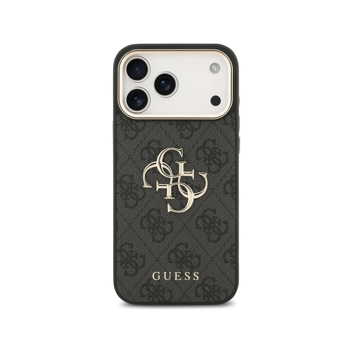 Guess Funda de Polipiel Gran Logo 4G Dorado para iPhone 17 Pro Max/18 Pro Max con Protección Anticaídas, Negra