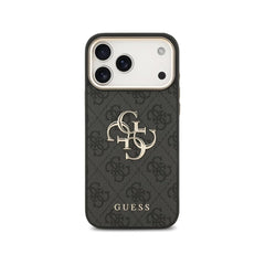 Guess Funda de Polipiel Gran Logo 4G Dorado para iPhone 17 Pro Max con Protección Anticaídas, Negra