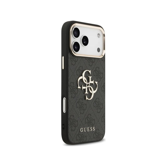 Guess Funda para iPhone 17 Pro Max – Carcasa de Polipiel Negra con Gran Logo Dorado 4G, Protección Anticaídas y Ajuste Preciso