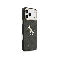 Guess Funda de Polipiel Gran Logo 4G Dorado para iPhone 17 Pro Max con Protección Anticaídas, Negra