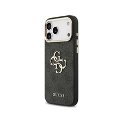 Guess Funda de Polipiel Gran Logo 4G Dorado para iPhone 17 Pro Max con Protección Anticaídas, Negra