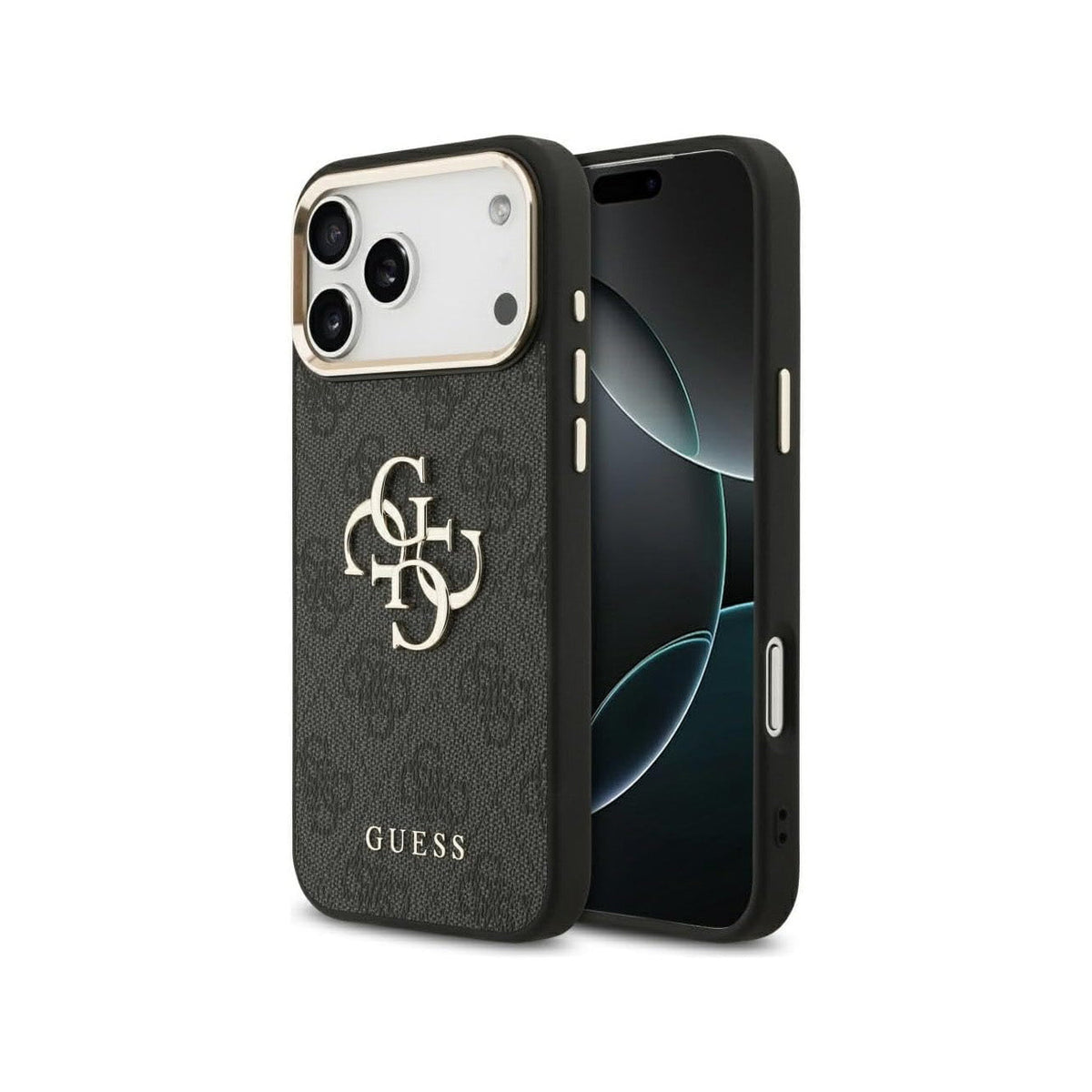 Guess Funda de Polipiel Gran Logo 4G Dorado para iPhone 17 Pro Max/18 Pro Max con Protección Anticaídas, Negra
