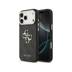 Guess Funda de Polipiel Gran Logo 4G Dorado para iPhone 17 Pro Max con Protección Anticaídas, Negra