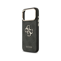 Guess Funda de Polipiel Gran Logo 4G Dorado para iPhone 17 Pro Max con Protección Anticaídas, Negra