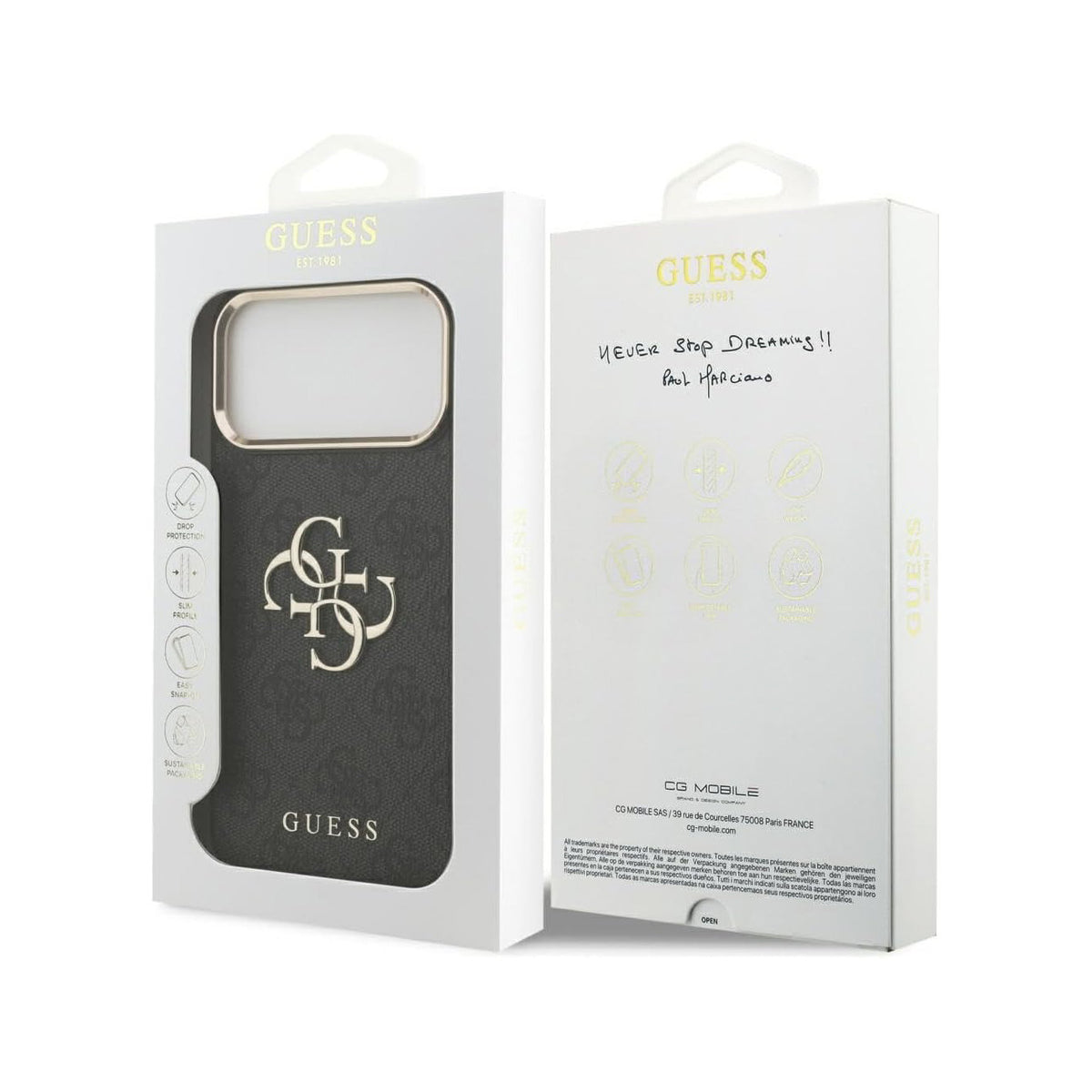 Guess Funda de Polipiel Gran Logo 4G Dorado para iPhone 17 Pro Max/18 Pro Max con Protección Anticaídas, Negra