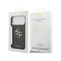 Guess Funda de Polipiel Gran Logo 4G Dorado para iPhone 17 Pro Max con Protección Anticaídas, Negra