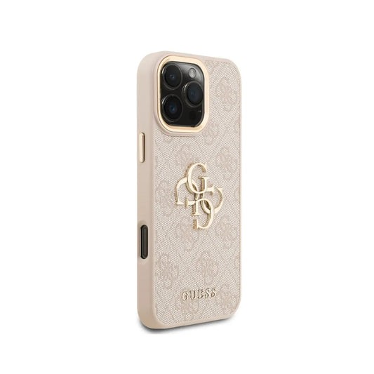 GUESS Funda para iPhone 16 Pro Max – Carcasa de Polipiel Rosa con Logo Clásico Dorado, Diseño Elegante y Ajuste Preciso