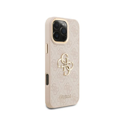 GUESS Funda de Polipiel Logo Clásico Dorado para iPhone 16 Pro Max con Protección Anticaídas, Rosa
