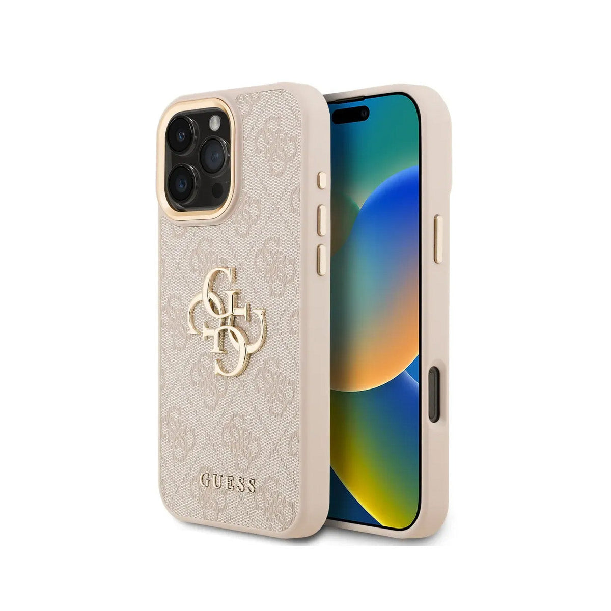GUESS iPhone 16 Pro Max Case - Pink Faux Leather with Classic Gold Logo, Elegant Design and Precise Fit