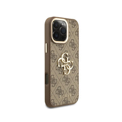 GUESS Funda de Polipiel Logo Clásico Dorado para iPhone 16 Pro Max con Protección Anticaídas, Marrón