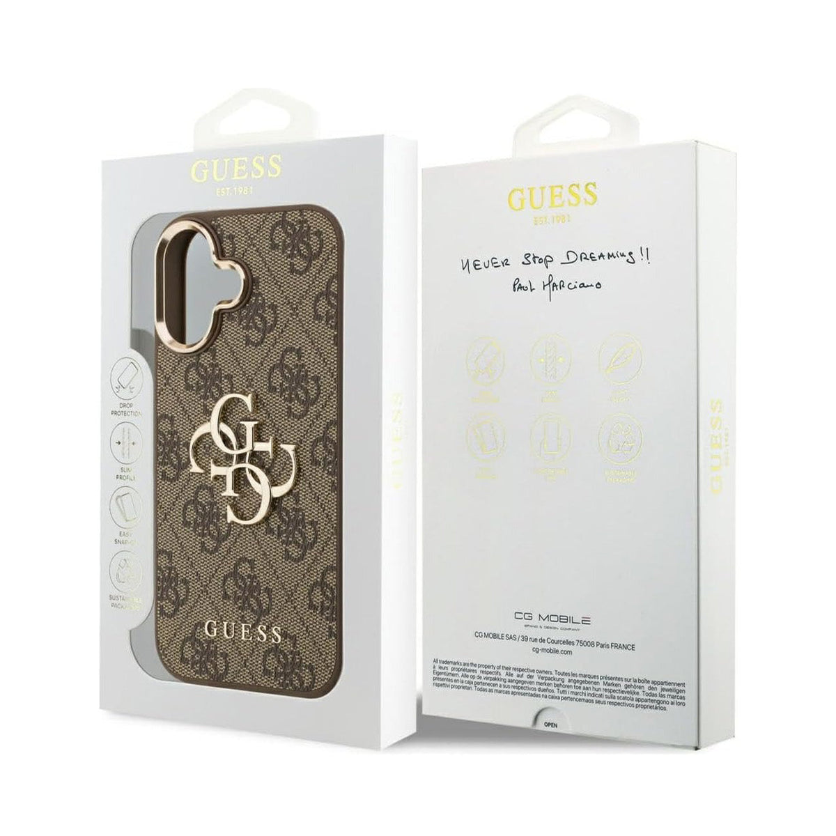 Guess iPhone 17 Case – Gold 4G Logo, Brown Design, Drop Protection and Precise Fit